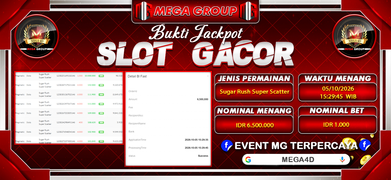 Bukti JP situs Mega4D hari Senin, 05 Oktober 2026